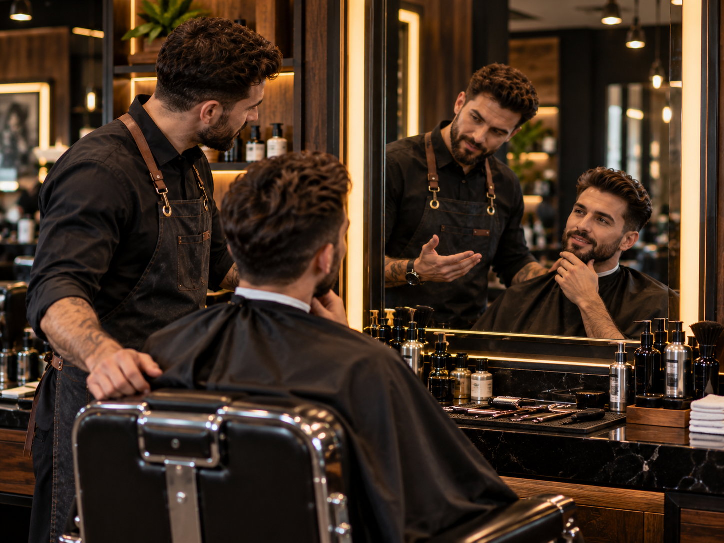 Cliente conferindo o corte no espelho