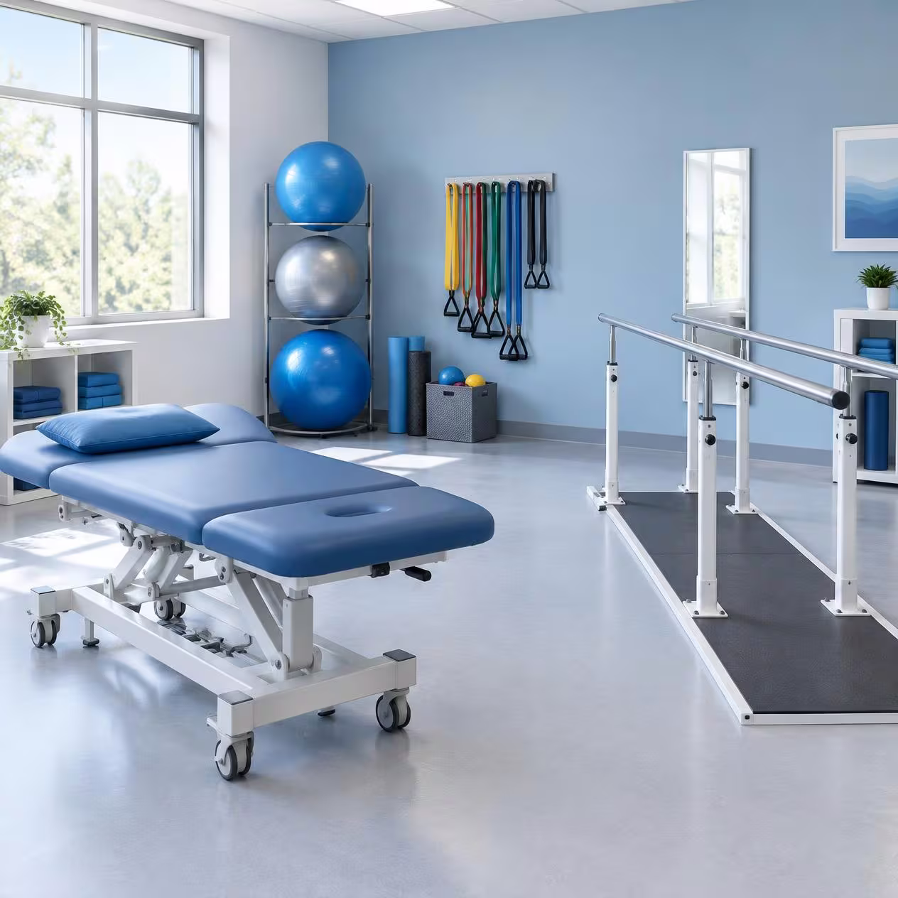 Sala de fisioterapia com maca, bolas e barras paralelas