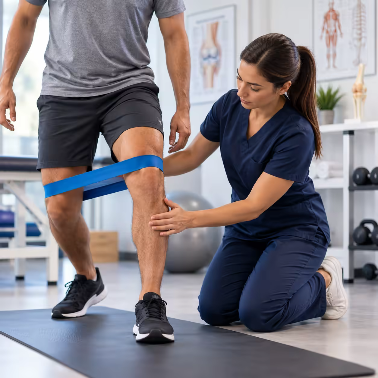 Exercício de reabilitação de joelho com orientação profissional