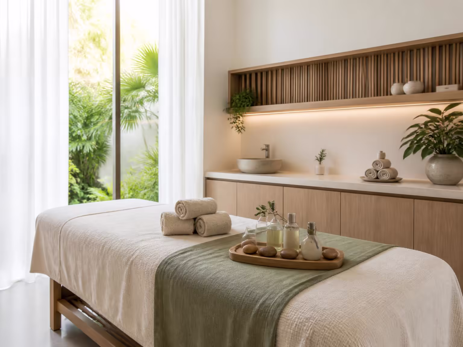 Ambiente de atendimento preparado com toalhas, óleos e luz natural