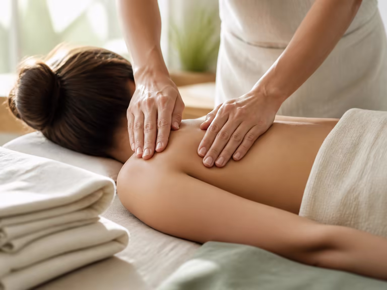 Detalhe de massagem conduzida com cuidado sobre linho natural