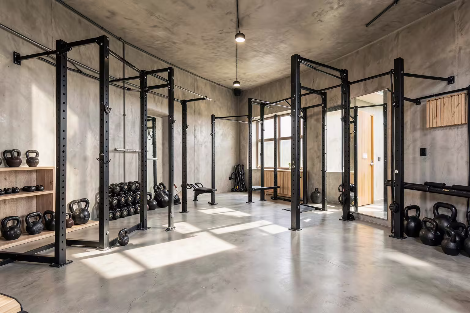Espaço de treino funcional organizado e iluminado