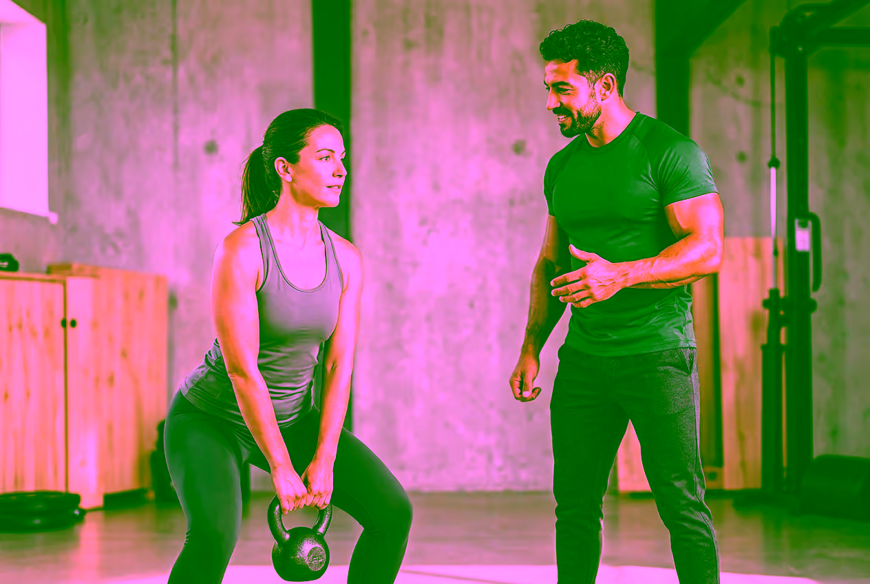 Personal trainer orientando uma cliente durante exercício funcional
