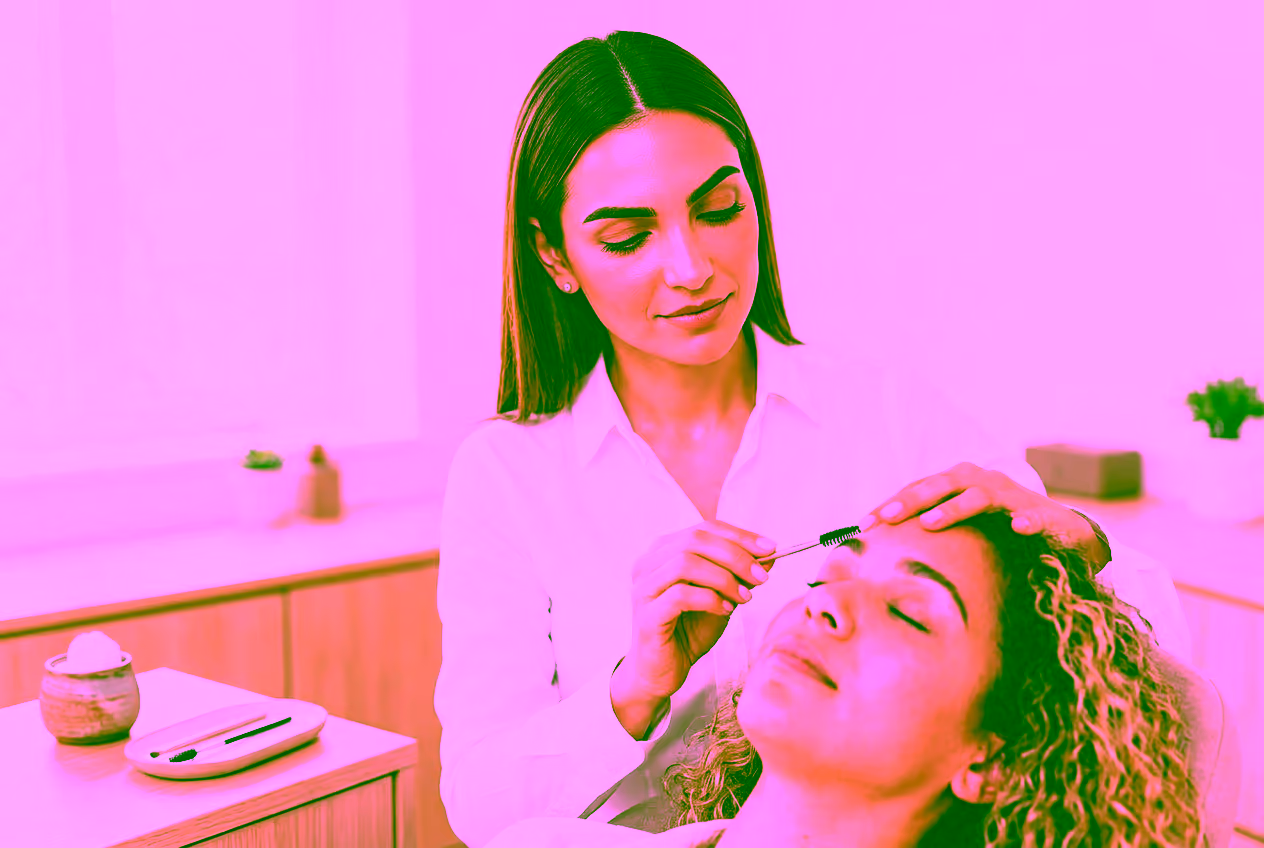 Profissional realizando design de sobrancelhas em uma cliente