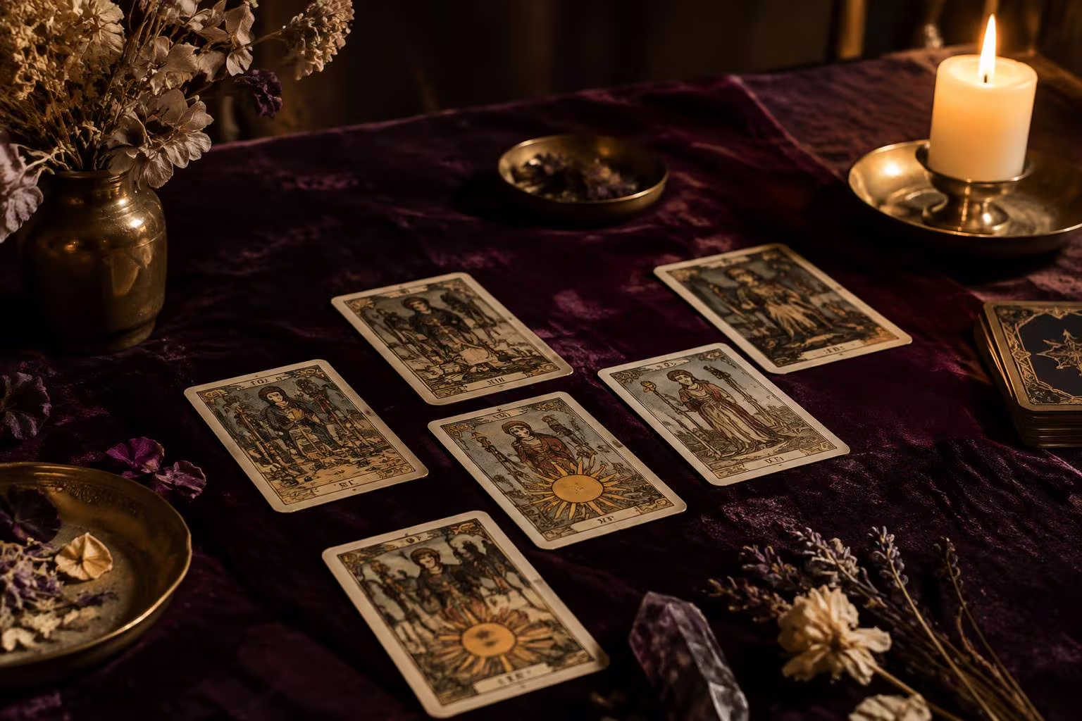 Cartas de tarô dispostas sobre toalha de veludo à luz de vela
