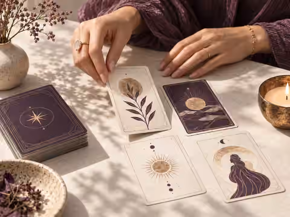 Mãos organizando cartas de tarô em uma mesa clara — imagem representativa