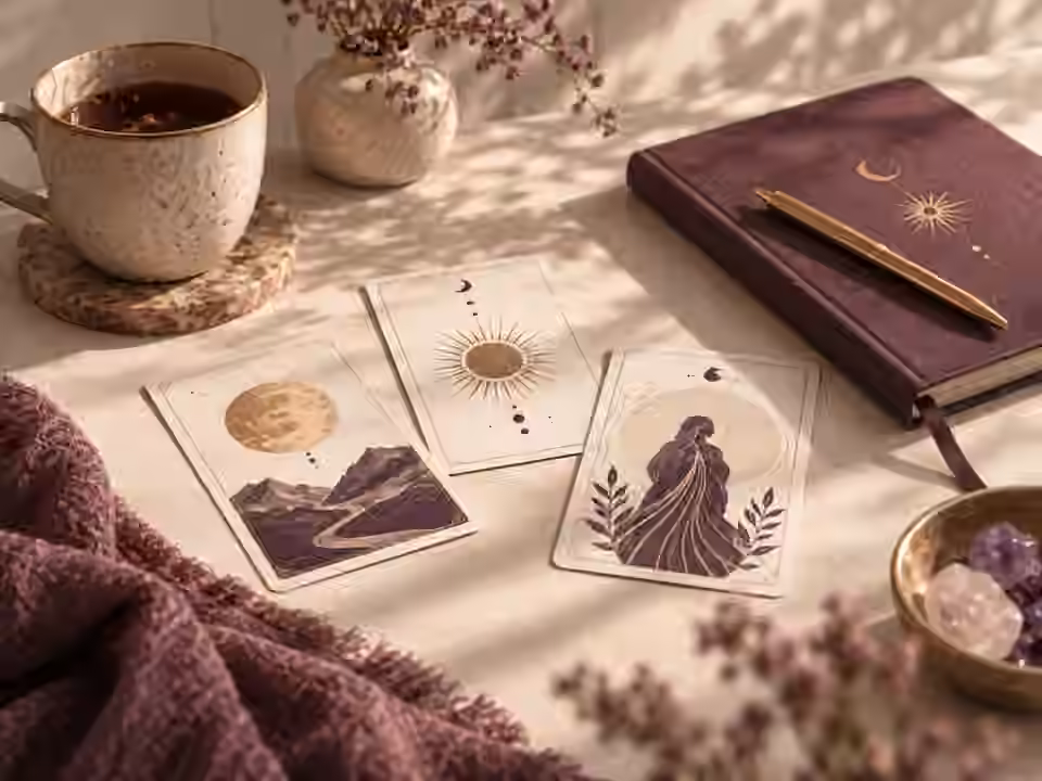 Cartas de tarô e caderno em composição editorial — imagem representativa